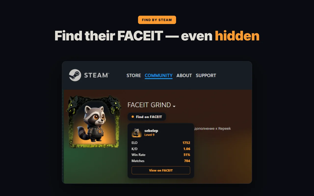 GRIND finds a player's FACEIT account from their Steam profile — works even if the Steam profile is private