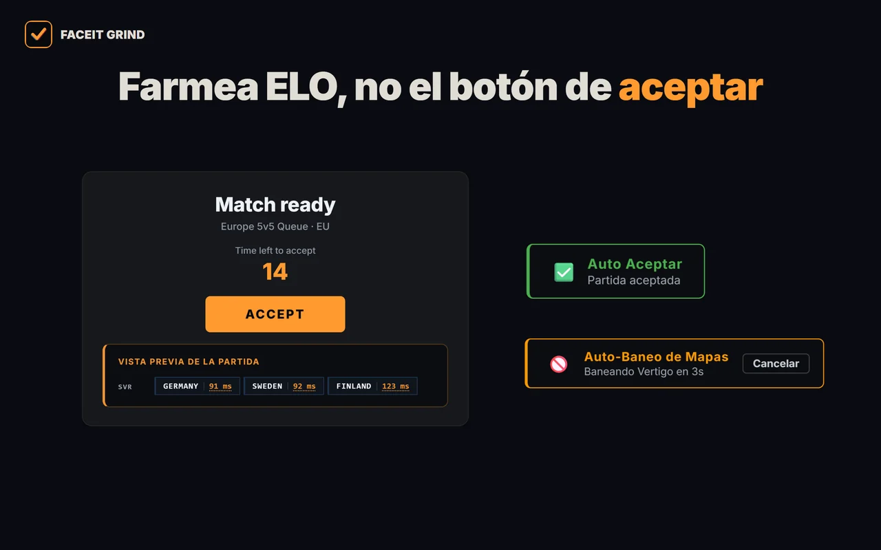 Acciones automáticas de GRIND en FACEIT: aceptar automáticamente, servidor y ping en la ventana de aceptar, baneo automático de mapas