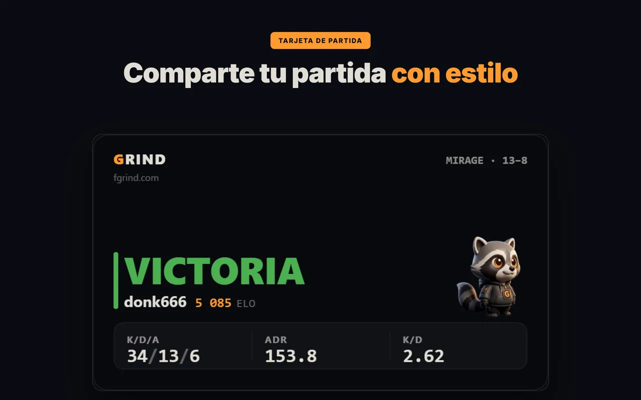 Tarjeta de estadísticas de partida de FACEIT en GRIND para compartir tu resultado