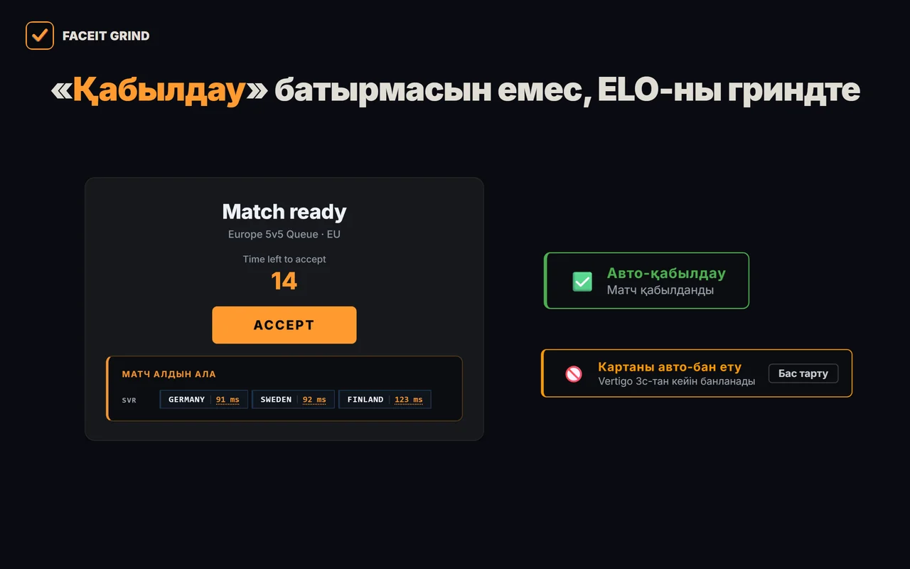 FACEIT-тегі GRIND авто-әрекеттері: авто-қабылдау, қабылдау терезесіндегі сервер мен пинг, картаны авто-бан