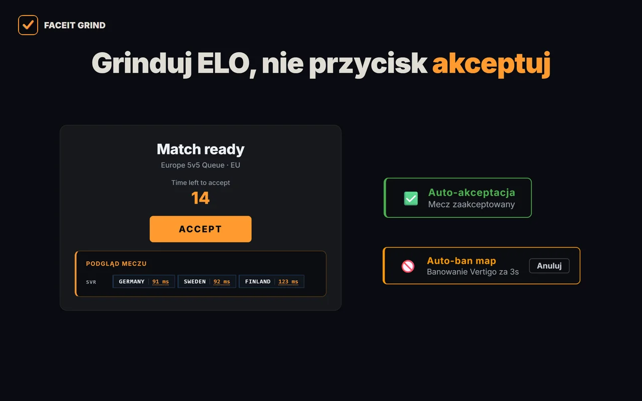 Okno akceptacji meczu FACEIT z serwerem, auto-akceptacją i auto-banem map w rozszerzeniu GRIND