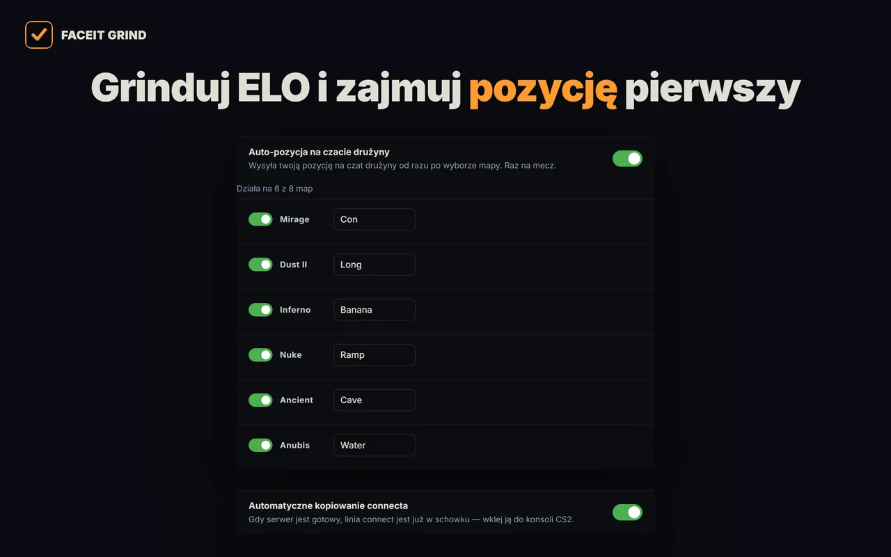 Auto-pozycje na mapach i auto-kopiowanie connecta w ustawieniach rozszerzenia GRIND