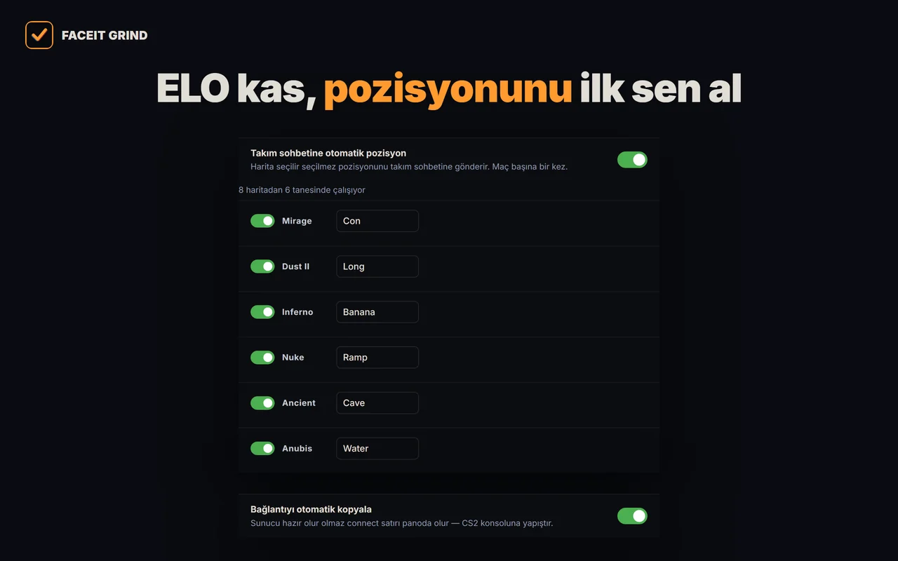 GRIND eklentisi ayarlarında haritaya göre otomatik pozisyon ve otomatik connect kopyalama