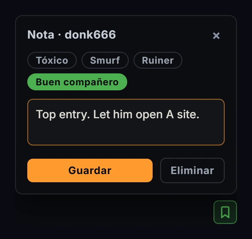 Nota privada de GRIND: etiqueta de buen compañero y comentario sobre su forma de jugar