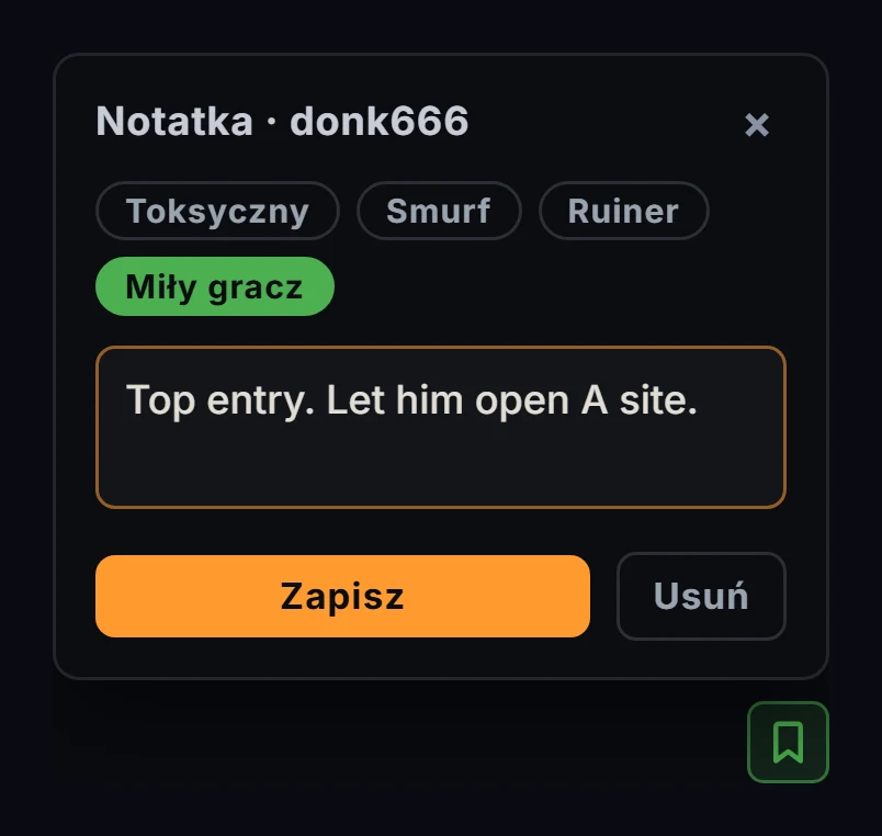 Prywatna notatka w GRIND: tag dobrego teammate’a i komentarz o jego grze