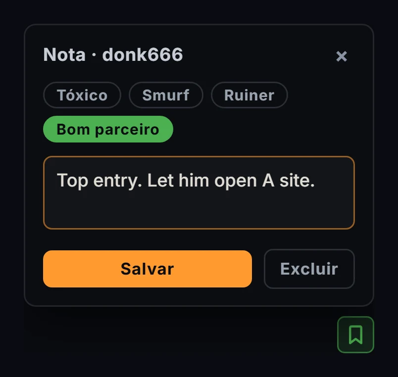 Nota privada no GRIND: tag de bom companheiro e observação sobre o estilo de jogo