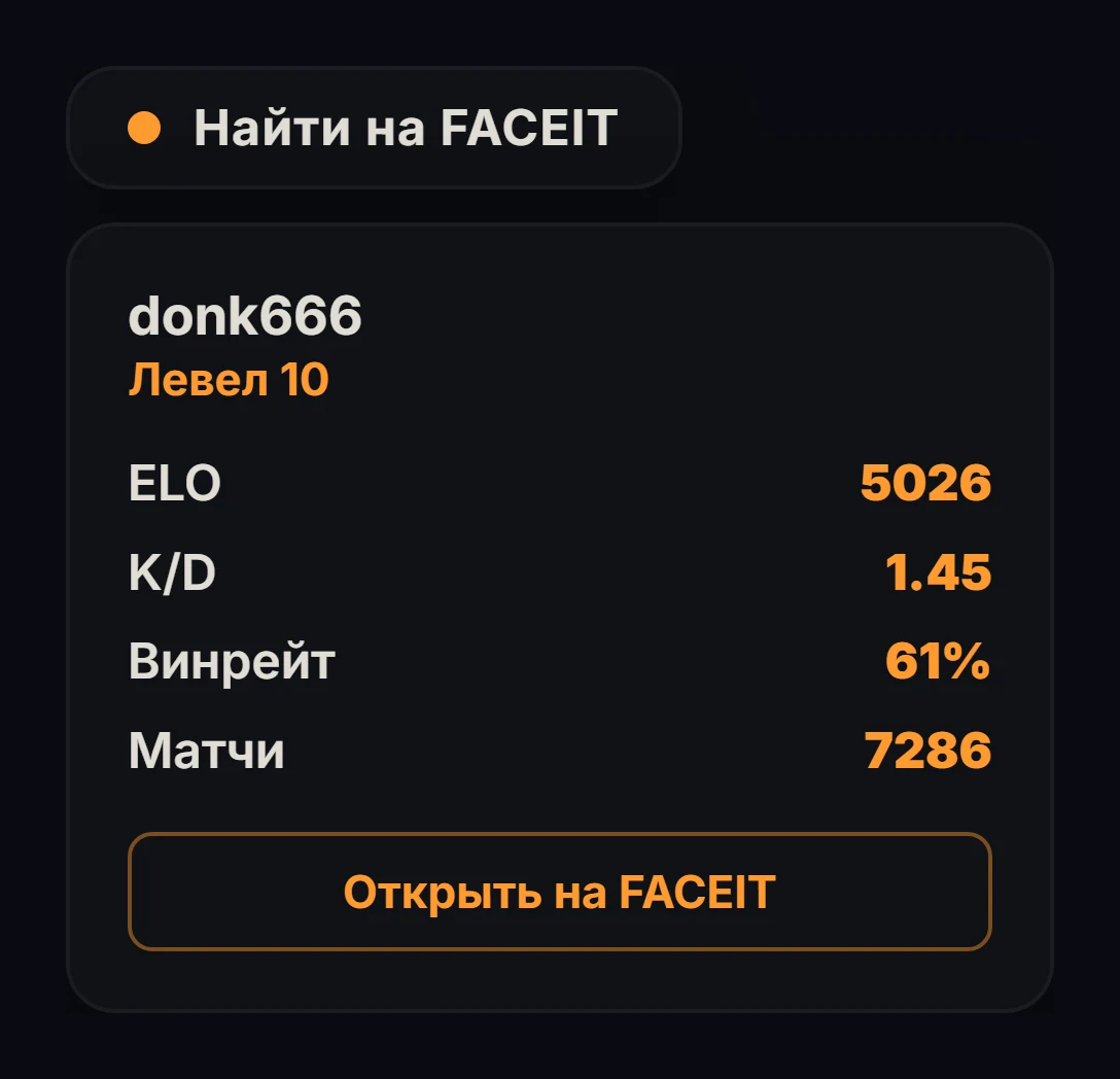 Поиск FACEIT со страницы Steam: найден профиль donk666, уровень и статистика